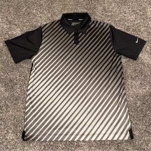 Nike Mens Medium Black White Gray Tour Performance Golf Dri Fit Stripe Golf Polo